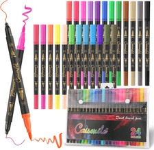 24 Colors Duo Tip Pen Art Markers, Artist Fine Brush Tip Marker Coloring Marke