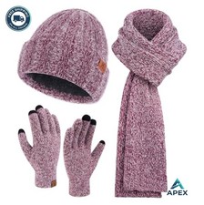 Women Winter Beanie Hat Scarf Touchscreen Gloves Fleece Lined Knit Set Warm 3
