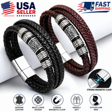 Men's Woven Leather Bracelet Magnetic Clasp Multi Layer Charm Wristband Gift USA