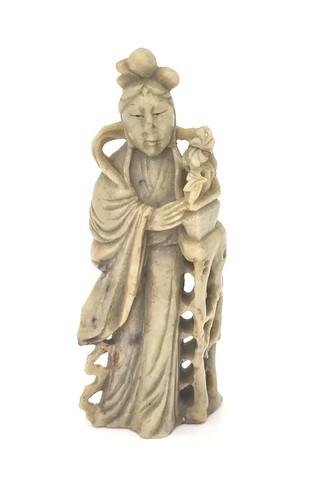 Antique Chinese Qing Dynasty Hand Carved Soapstone Quan Yin Statue Lotus - Picture 2 of 9