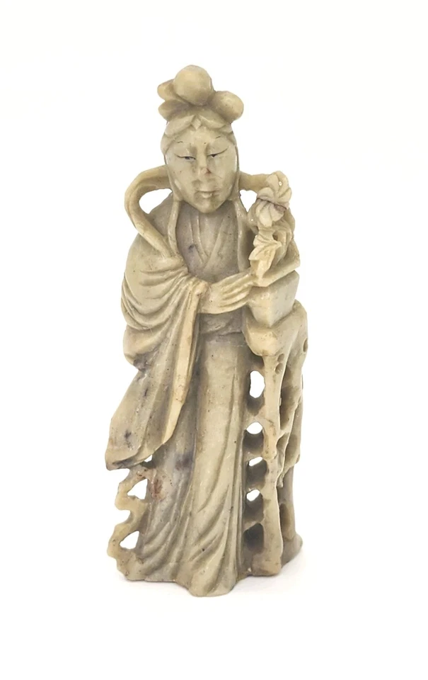 Estátua de lótus antiga chinesa da dinastia Qing esculpida à mão pedra-sabão Quan Yin GIft - Imagem 2 de 4