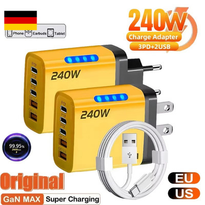 240W GaN USB-C 5-in-1 Schnellladegerät für iPhone Samsung Xiaomi EU/US Plug