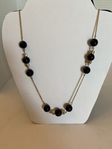 Kate Spade black faceted  round beade necklace w/ gold and rhinestone dividers - Afbeelding 1 van 6