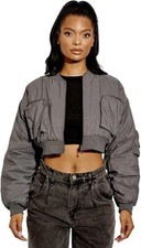 Women’s Ruched Sleeve Cropped Bomber Jacket Pockets Zip-up Short Coat Outerwear