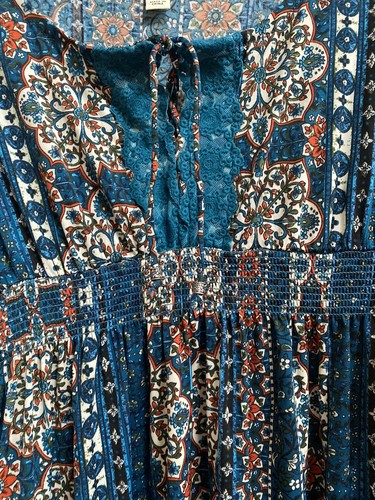 One World Crochet Smock Vestido Bohemio Azul Rojo Multi Mangas 3/4 Talla Pequeña NUEVO - Imagen 5 de 13