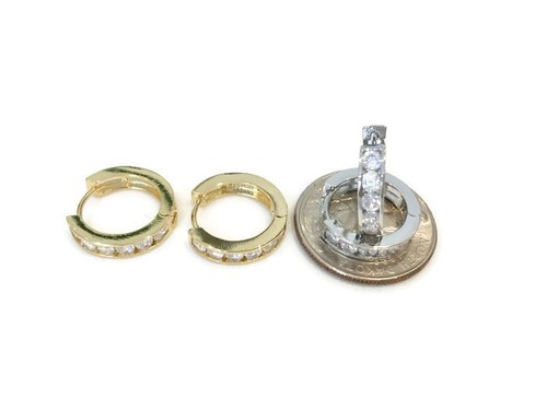 Small in Stainless Steel Gold Silver 13mm Wide Cz Huggie Hoop Earrings Set New - Picture 6 of 8
