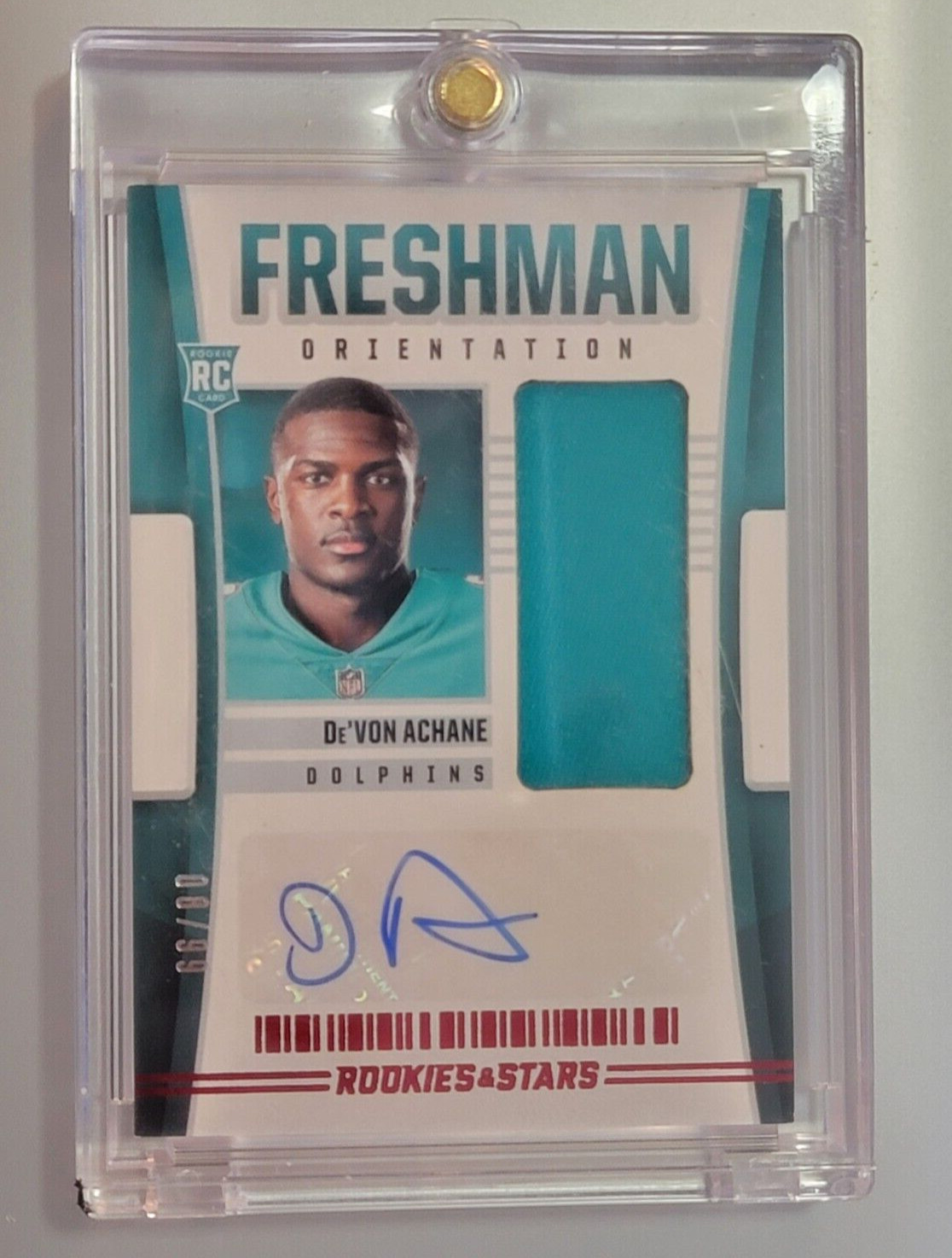 De'Von Achane Panini Rookies & Stars Freshman Orientation Autograph Relic #FODA Base