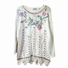 80s 90s Vintage Knit Sweater Oversized Size M/L Ribbon Embroidered Weave Pom Pom