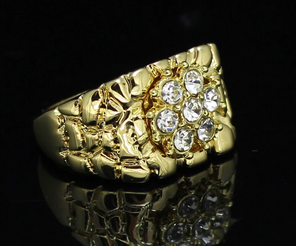 Anillo de circonita cúbica rosa pepita para hombre enchapado en oro de 14 k banda de hip hop racimo helado Foto 3 de 4