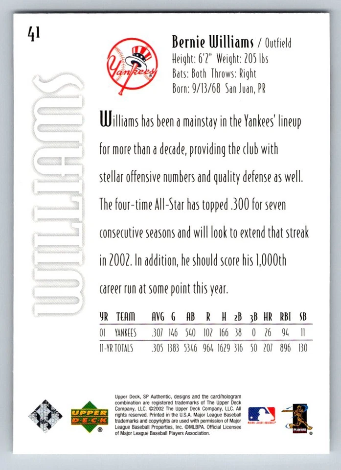 2002 SP Authentic #41 Bernie Williams New York Yankees - Image 2 of 2