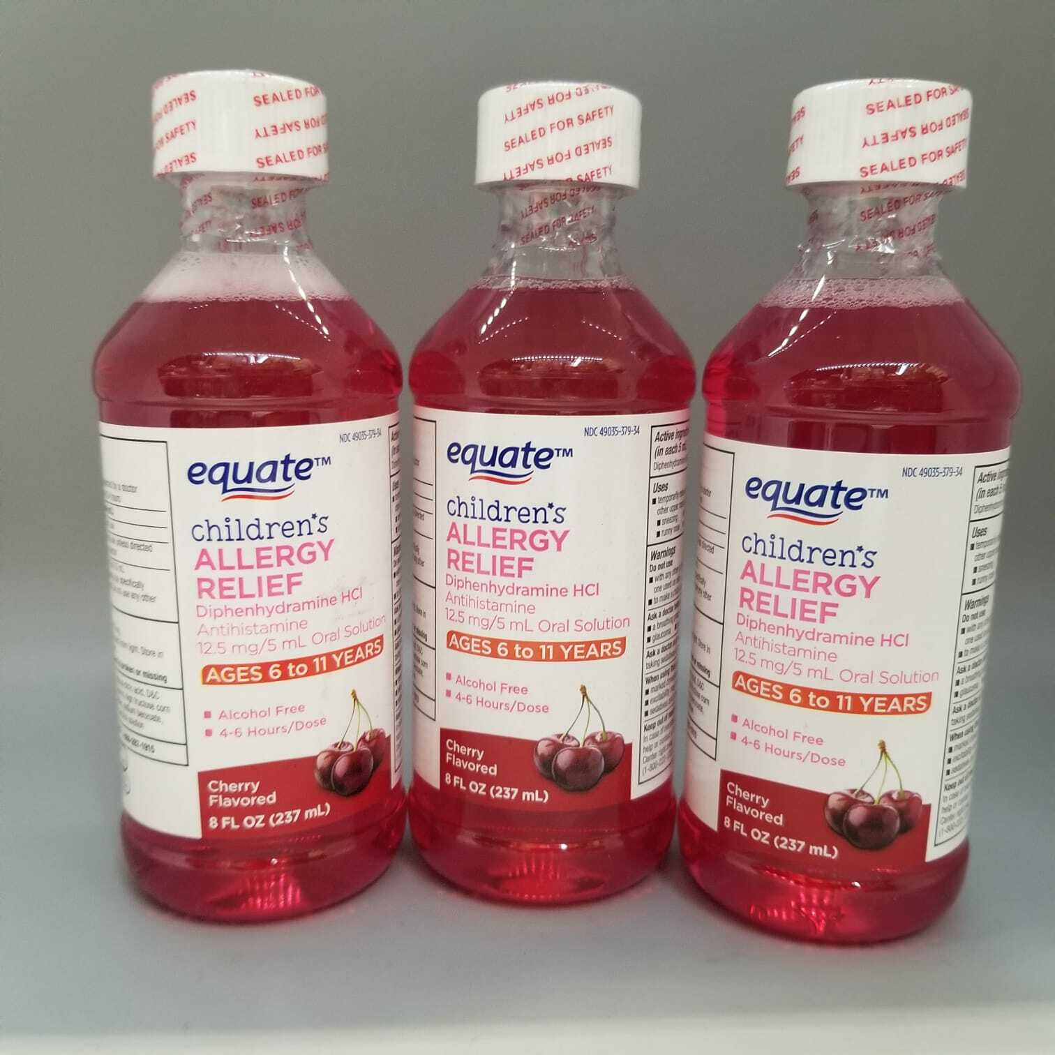 Equate Children's Allergy Relief Ages 6 to 11 Cherry 8 Fl Oz 3PK Exp 6/