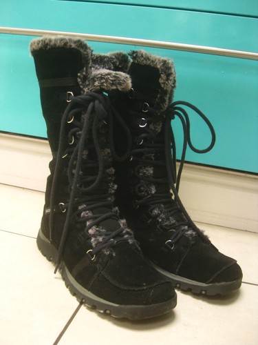 SKECHERS GRANDJAMS BOOTS 6 39 SNOW BIKER flat black suede leather furry winter - Picture 17 of 20