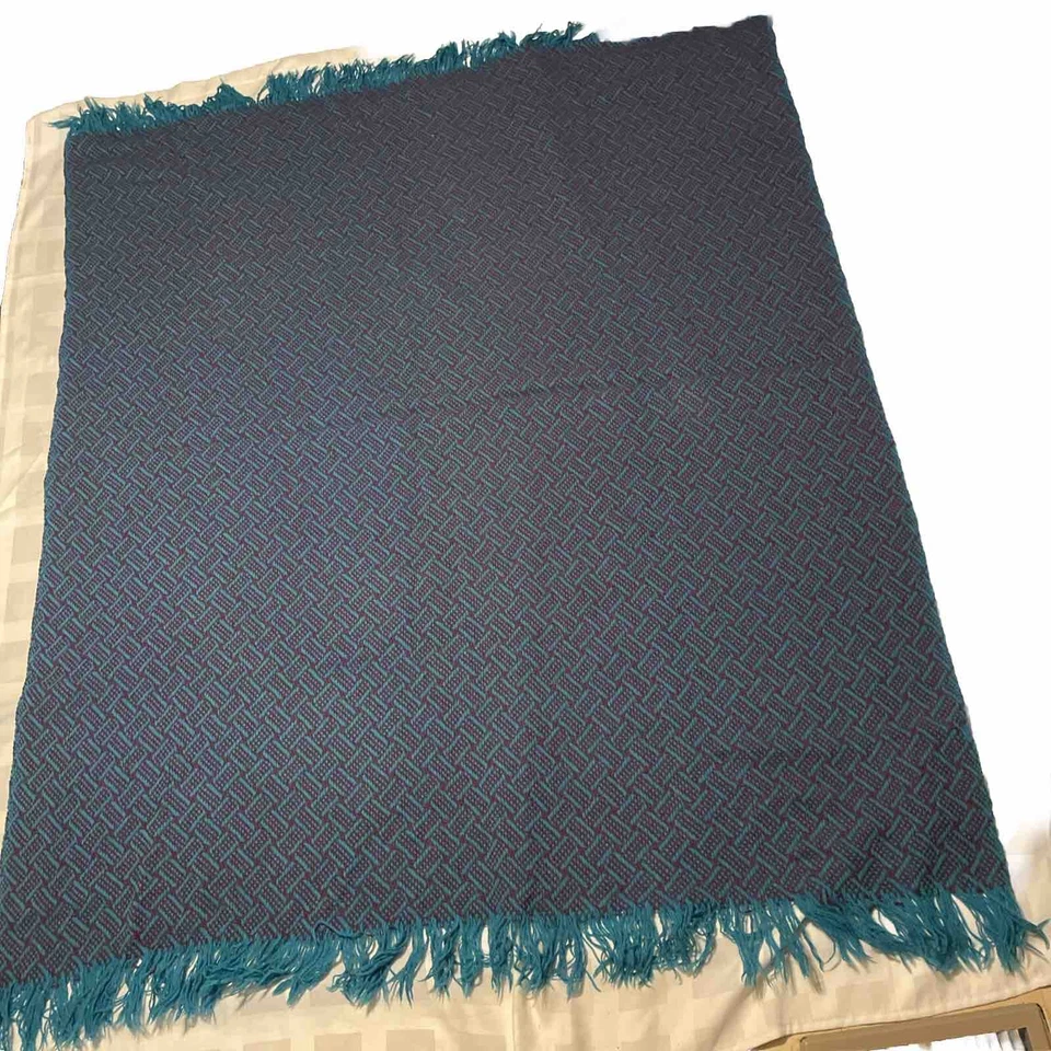 60's Vtg PENDLETON Woven Fringe Throw Blanket 100% WOOL Aqua Blue Wine 67x53 HTF - Image 2 of 4