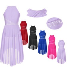 Kids Girls Dancewear Sequins Dance Dress Rhinestone Leotard High-Low Hem Skirt