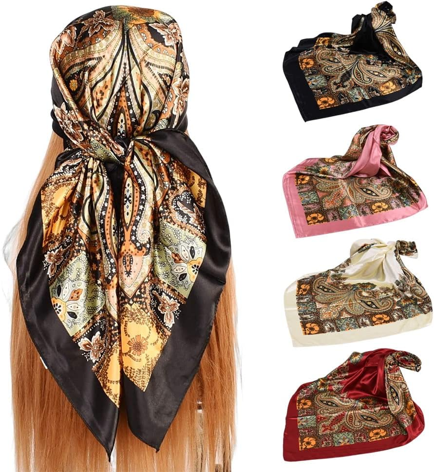 4Pcs Large Square Silk Head Scarves for Women 35 Inch Satin Hair Bandana