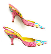 Delman Vintage Beautiful Pink, Turquoise Yellow Silk Slingback Floral Pumps 7.5