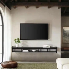 Floating TV Stand 65in Black Wood Wall Mounted Modern Shelf Media Console Center