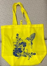 BRIGHT YELLOW HUMMINGBIRD & FLOWER FOLDING, NYLON SHOPPING BAG w/ Case