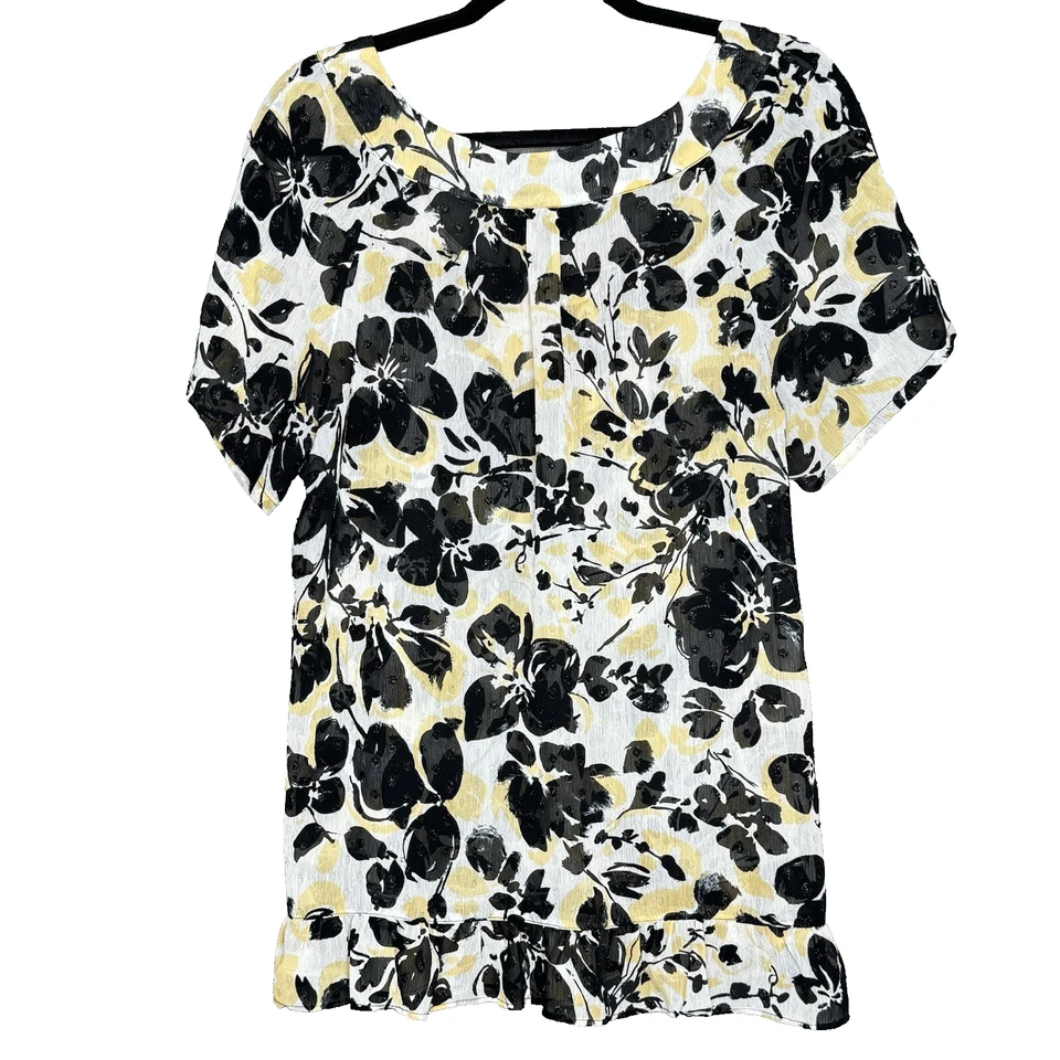 Avenue Top 1X Camisa Negra Amarilla Floral Cuello Redondo Transparente Manga Corta Foto 4 de 4