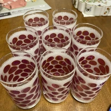 Libby Frosted Cranberry Polkadot Tumblers Set -8  Excellent Condition 