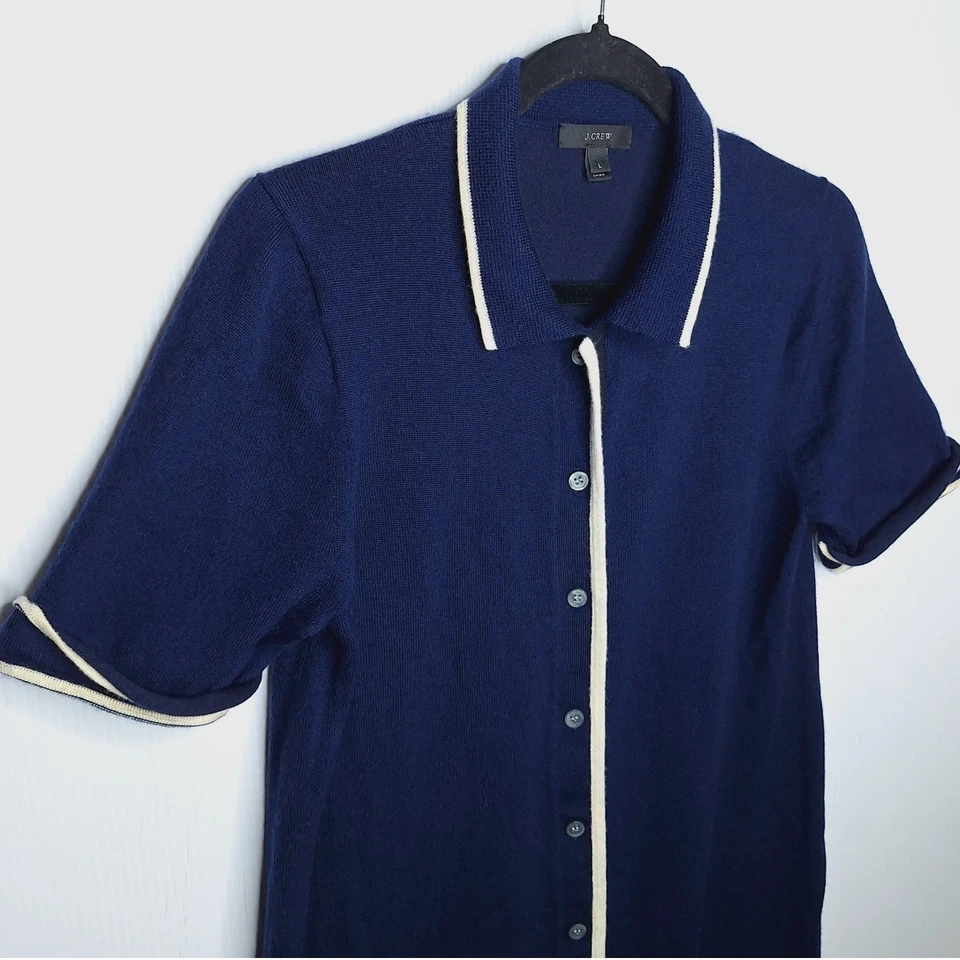 J. Crew Merino Wool Sweater Dress Midi Knit Navy Button Front L Collared Preppy - Image 3 of 4