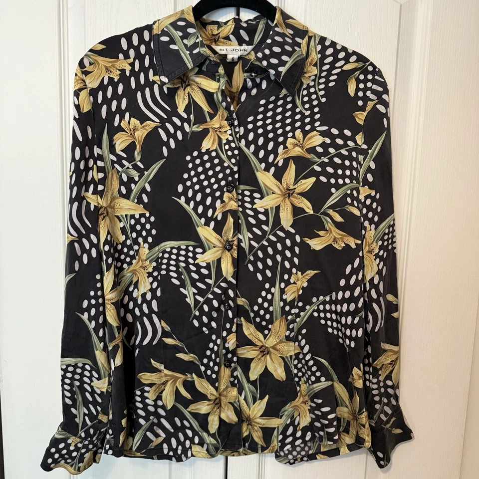 St. John Women’s Designer Vintage Silk Floral Black Yellow Polka Dot Blouse 6 - Image 3 of 4
