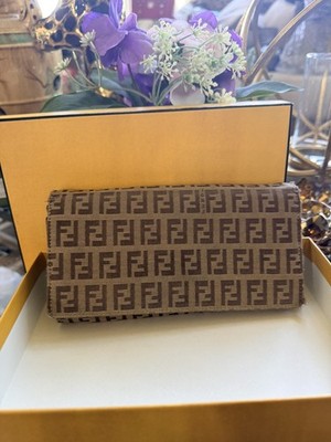 Authentic Fendi Zucca Canvas Fabric Long Wallet Brown FF Logo w/ Box Fair Cond