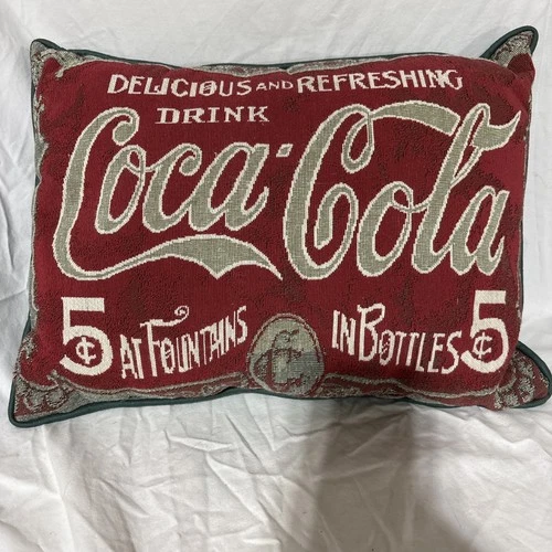 Vintage 70s Coca Cola Pillow Tapestry Needlepoint 5 Cents Decorative Rectangle