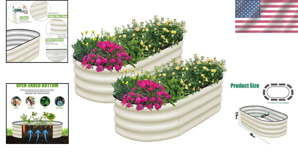 Camas de jardín ovaladas duraderas resistentes al óxido - Macetas de metal blanco, juego de 2, 46" Foto 2 de 4