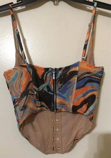 White Fox Womens Small Multicolor Marble Print Full Zip Bustier Corset Crop Top - Image 2 of 4