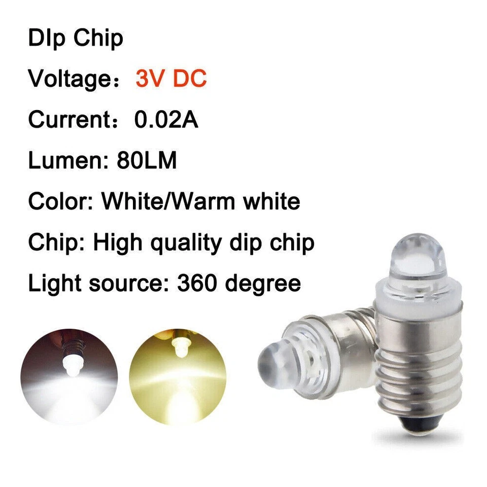 E10 LED Bulb 3V DC Warm/White Screw Lamp Replacement For Torch Flashlight Light - Image 2 of 4