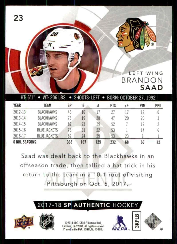 2017-18 Upper Deck SP Authentic Brandon Saad #23 - Image 2 of 2