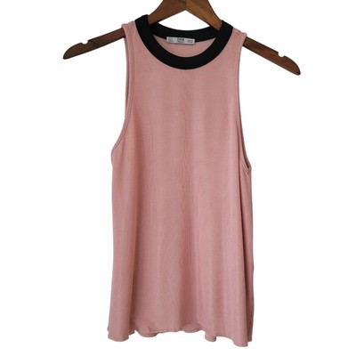 Zara Collection Sleeveless Top Large Womens Pink Black Round Collar Rib Stretch