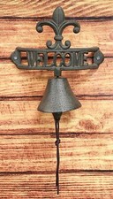 Cast Iron Rustic French Fleur De Lis Crown Welcome Sign Door Wall Yard Bell