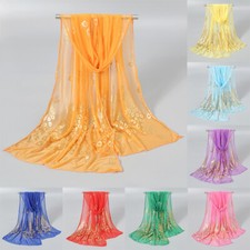 Georgette Scarf Gold Peacock Print Wrap Shawl Chiffon Long Scarves Hijab Scarf.