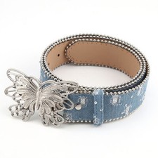 Women Denim Ripped Belt Girdle Waistband Sequin Beaded Butterfly Buckle Blue
