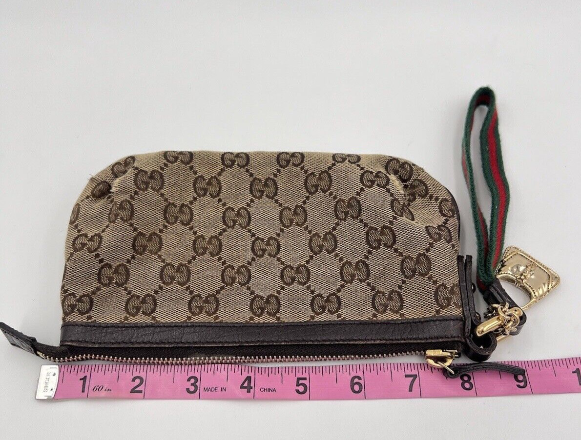 Auth. Gucci GG Monogram Canvas Wristlet Wallet Clutch Leather Trim Gold  Hardware