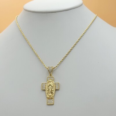 14K Gold Plated Our Lady - Virgen Guadalupe Cross Pendant & Chain. Oro ...