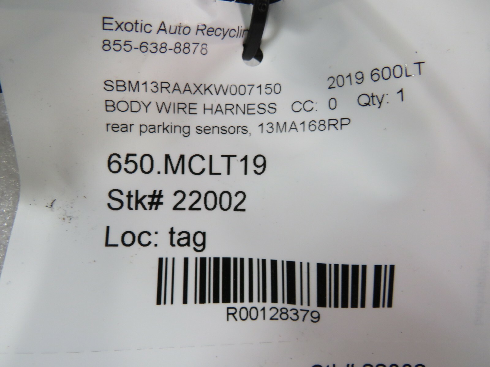 Mclaren 600LT, Rear Bumper Parking Sensor Wire Harness, Used, P/N 13MA168RP