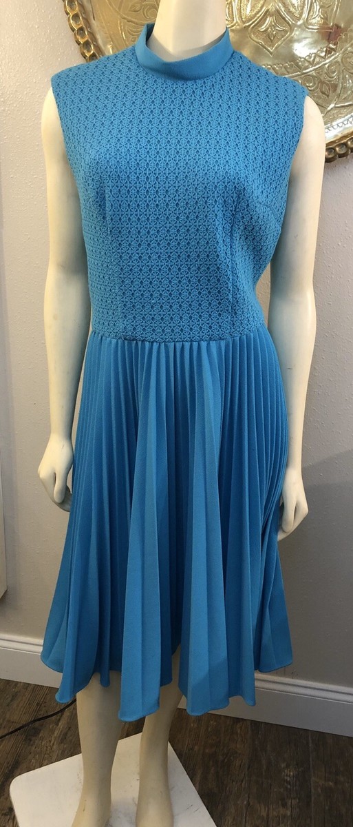 VTG 60s Aqua Blue Textured Bodice Pleated Skirt Midi Dress Sleeveless Retro  M/L | eBay