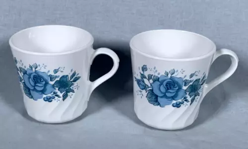 Set of (2) Vintage Blue Velvet Rose Corelle Corning Swirl Coffee Mugs / Cups