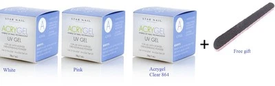 STAR NAIL INTERNATIONAL Acrygel UV Gel 1 OZ(28g) Set of CLEAR, WHITE, PINK + Free gift Manicure File