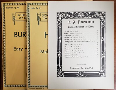 G. SCHIRMER LOT OF 3 CLASSICAL MUSIC BOOKS FOR PIANO HELLER PADEREWSKI BURGMULLE