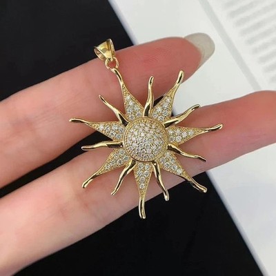 1.30Ct Round Cut Real Moissanite Women's Sun Pendant 14K Yellow Gold Plated