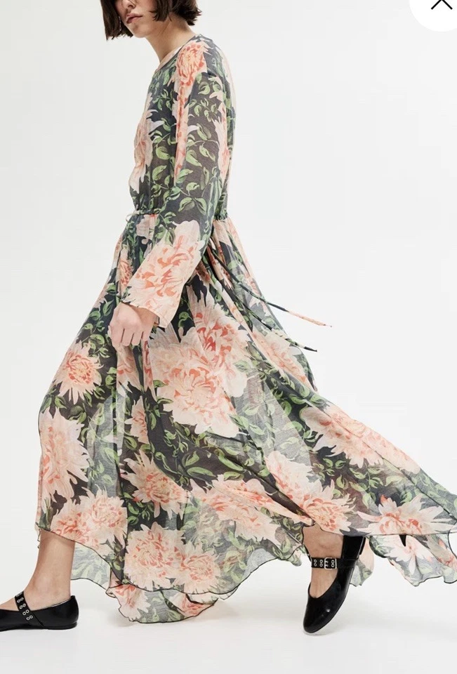 H&M Edition Maxi Loose  Dress Apricot  Green  Floral -Large - Image 2 of 4