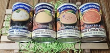 Soup-er Trivet - 4 cans of Chincoteague soup, on a wooden trivet $29.99 w/ ship
