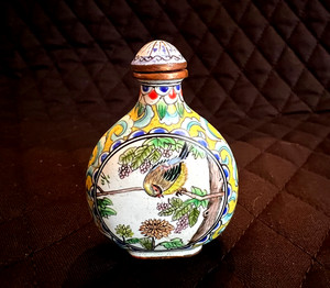 Vintage Chinese Snuff Bottle Flower Bird Hand Painted Enamel on Copper Perfume
