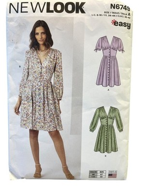 NEWLOOK N6749 Misses' Dresses US 6-16 Easy V-Neck Button Front
