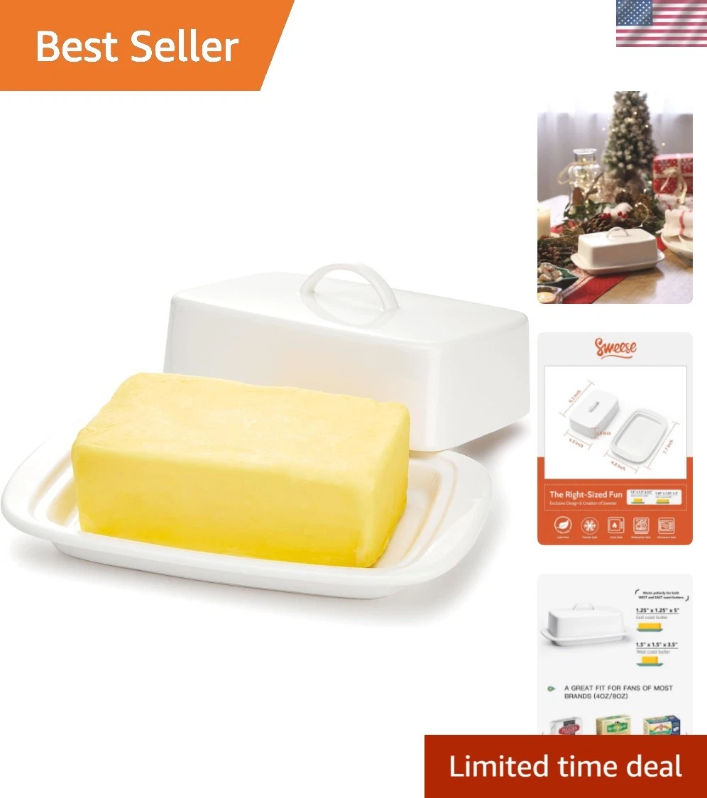 Large Butter Dish with Lid for Countertop, Porcelain 8oz Butter Keeper with H...