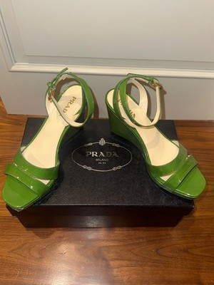 Prada Vernice Green Patent Leather Wedge Sandal Size 38 ( 8